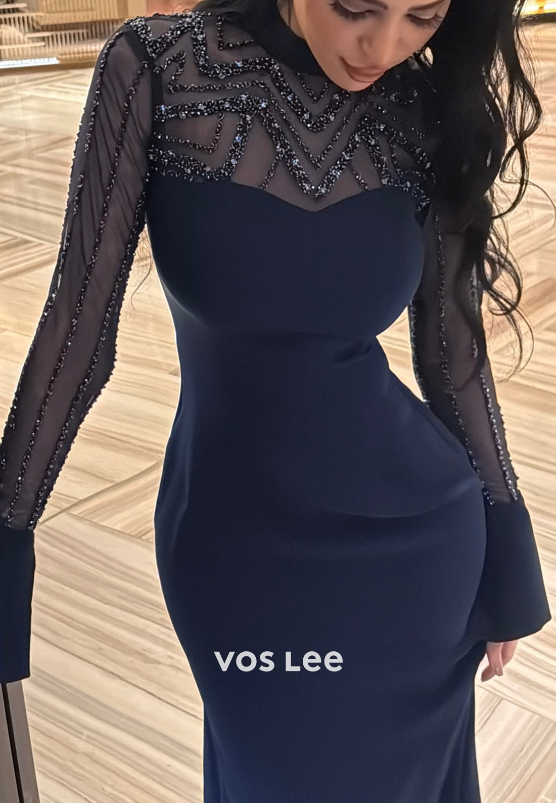 Long Sleeve Illusion Neck Beaded Embellished Mermaid Evening Dresses with Sweep Train