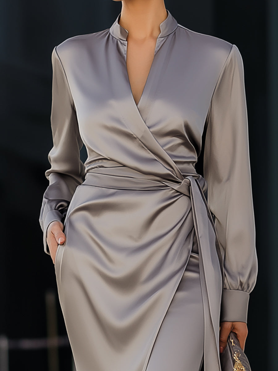 Grey Satin Wrap Dress With Tie Waist