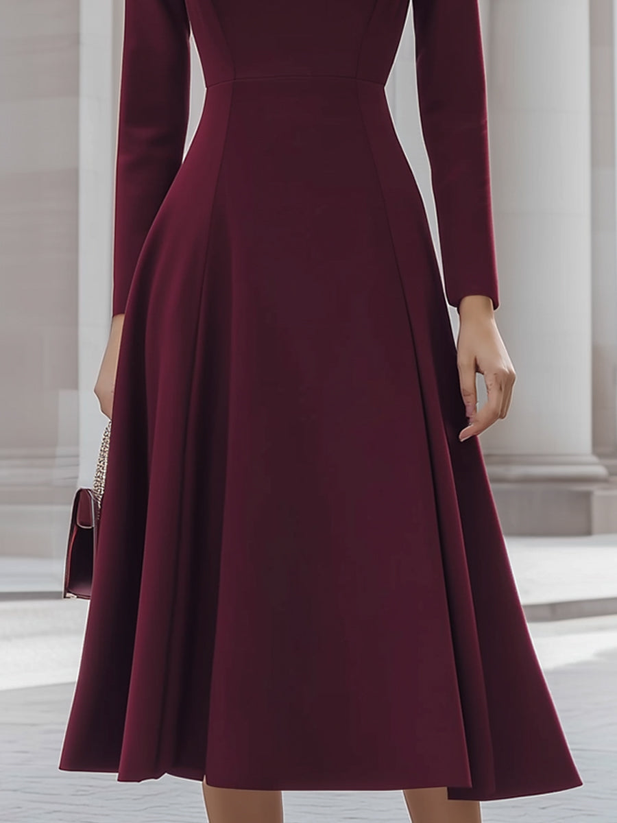 Elegant Burgundy Long Sleeve Midi Dress With Pleated Neckline