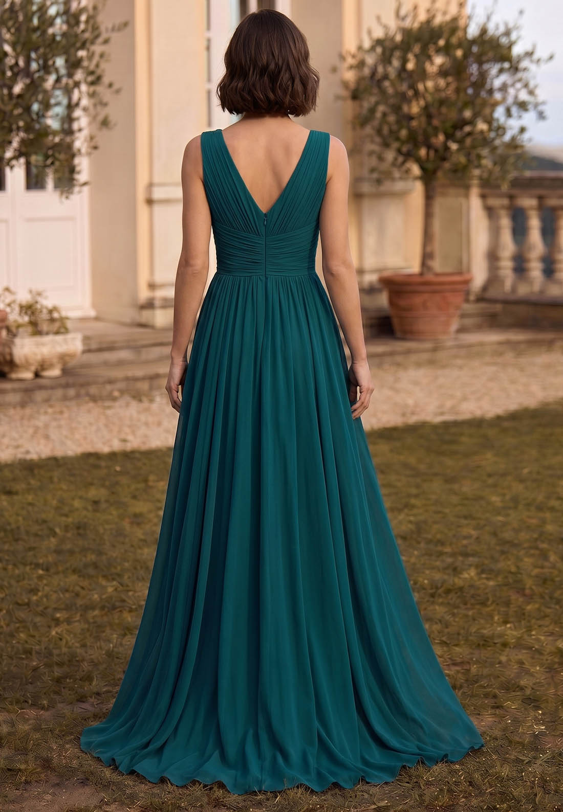 Peacock Spaghetti Straps V-Neck A-Line Evening Dress
