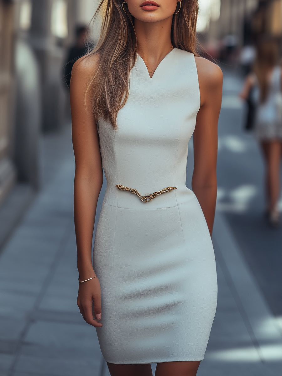 Chain-Belted Sculpted Sheath Dress Wedding Guest Dresses