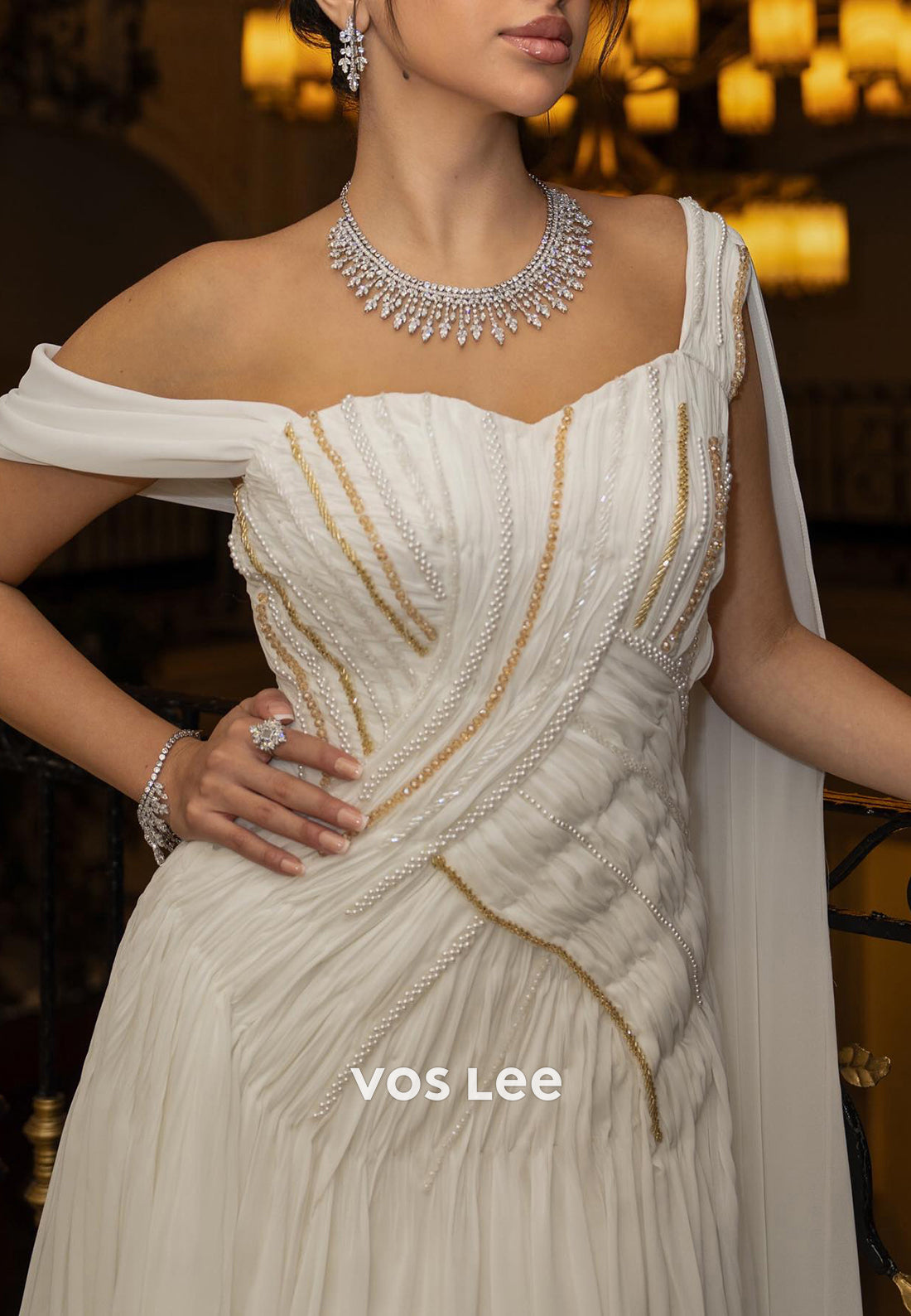 A-Line Sweetheart Beaded Pearl Embellished Evening Dresses with Sweep Train