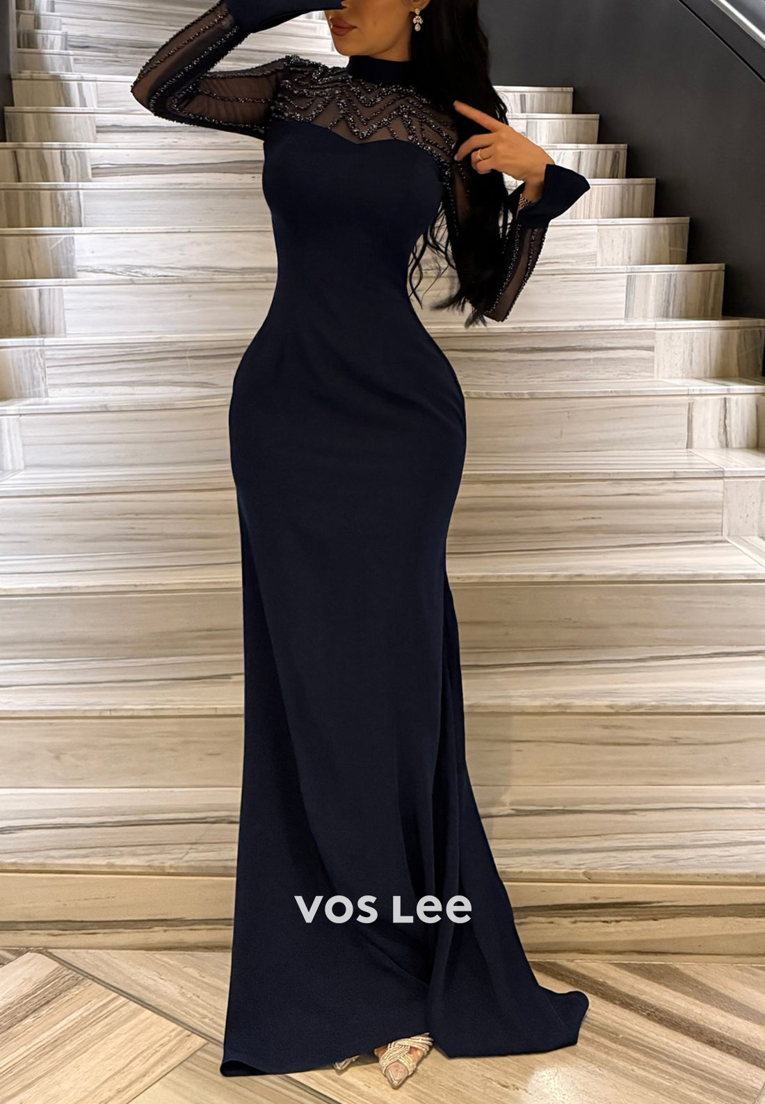 Long Sleeve Illusion Neck Beaded Embellished Mermaid Evening Dresses with Sweep Train