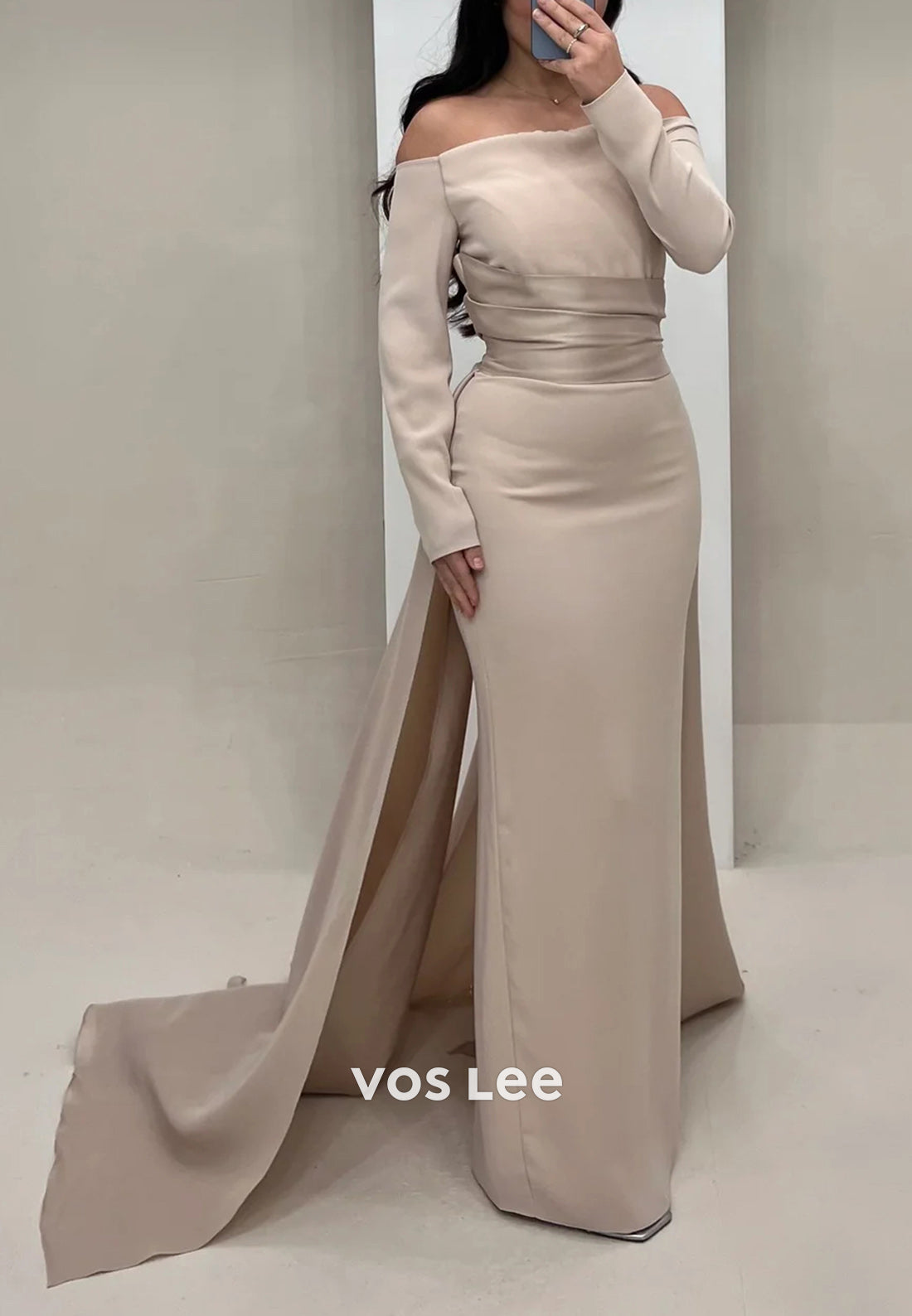 Classic Long Sleeve Off the Shoulder Ruched Mermaid Evening Dresses with Sweep Train