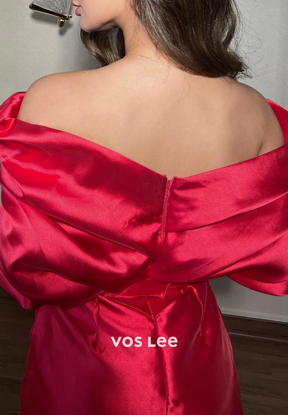 Red 3/4 Sleeve Off the Shoulder Rhinestone Embellished Ankle-Length Evening Dresses