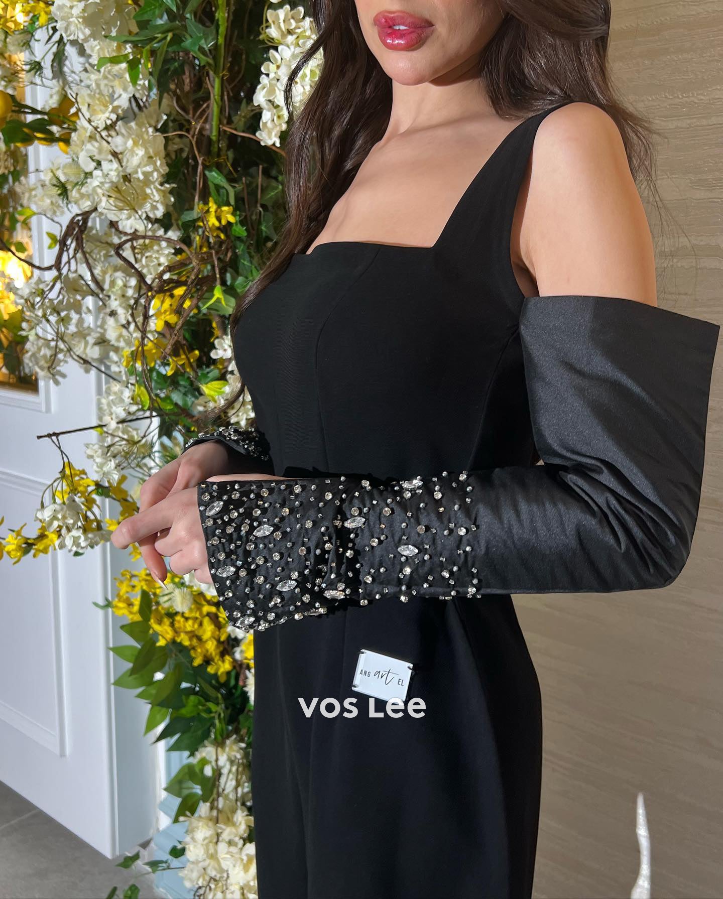 Long Sleeve Square Rhinestone Embellished Satin Jumpsuit
