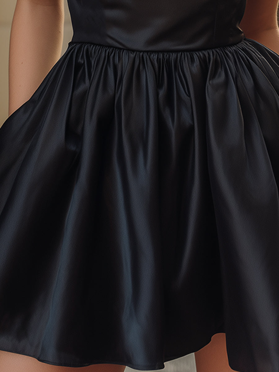 Elegant High-Neck Satin Bubble Mini Dress