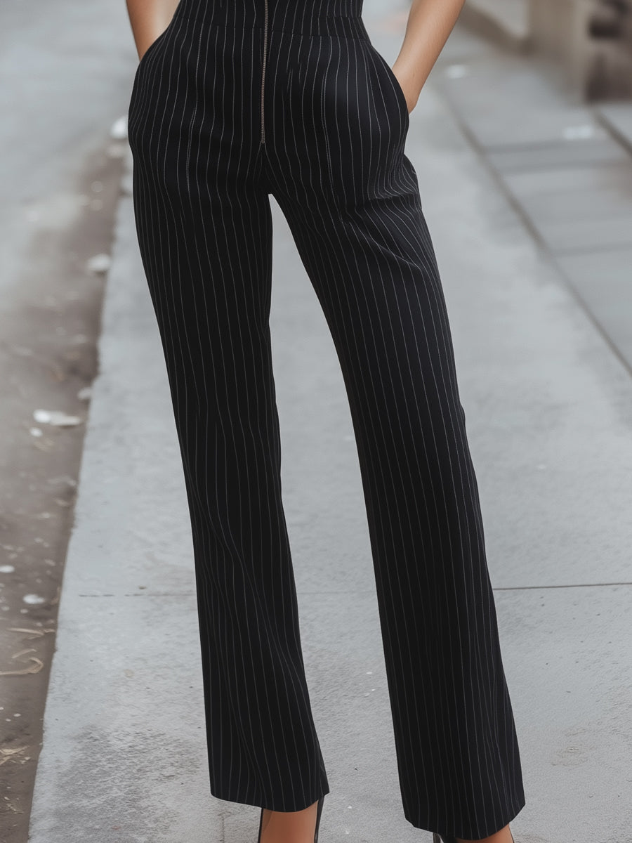 Sleeveless Pinstripe Jumpsuit With Front Zip