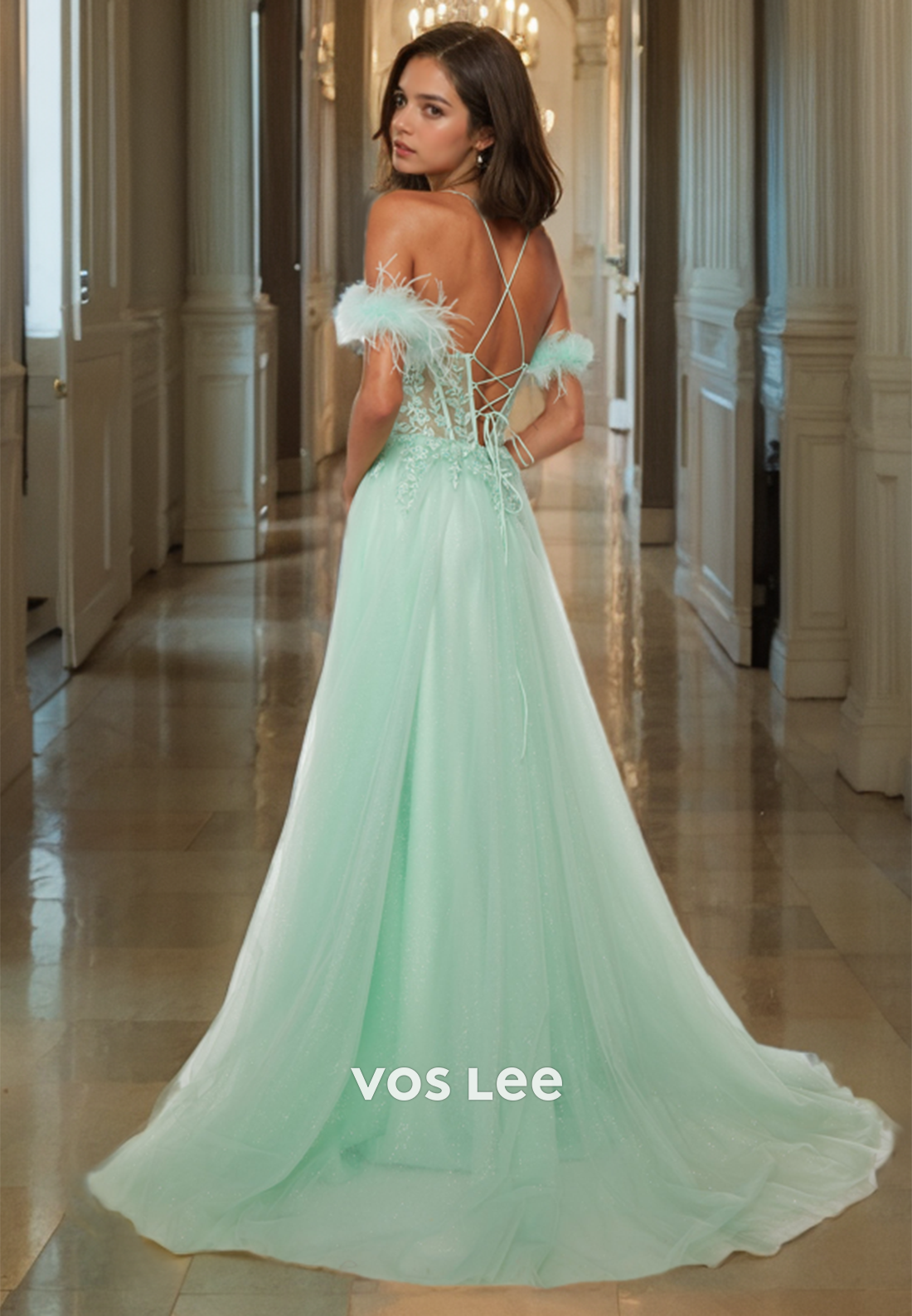 Mint Green A-Line Sweetheart Quinceanera Dresses Feathers Off-Shoulder Tulle Floor Length Prom Dress with High Slit