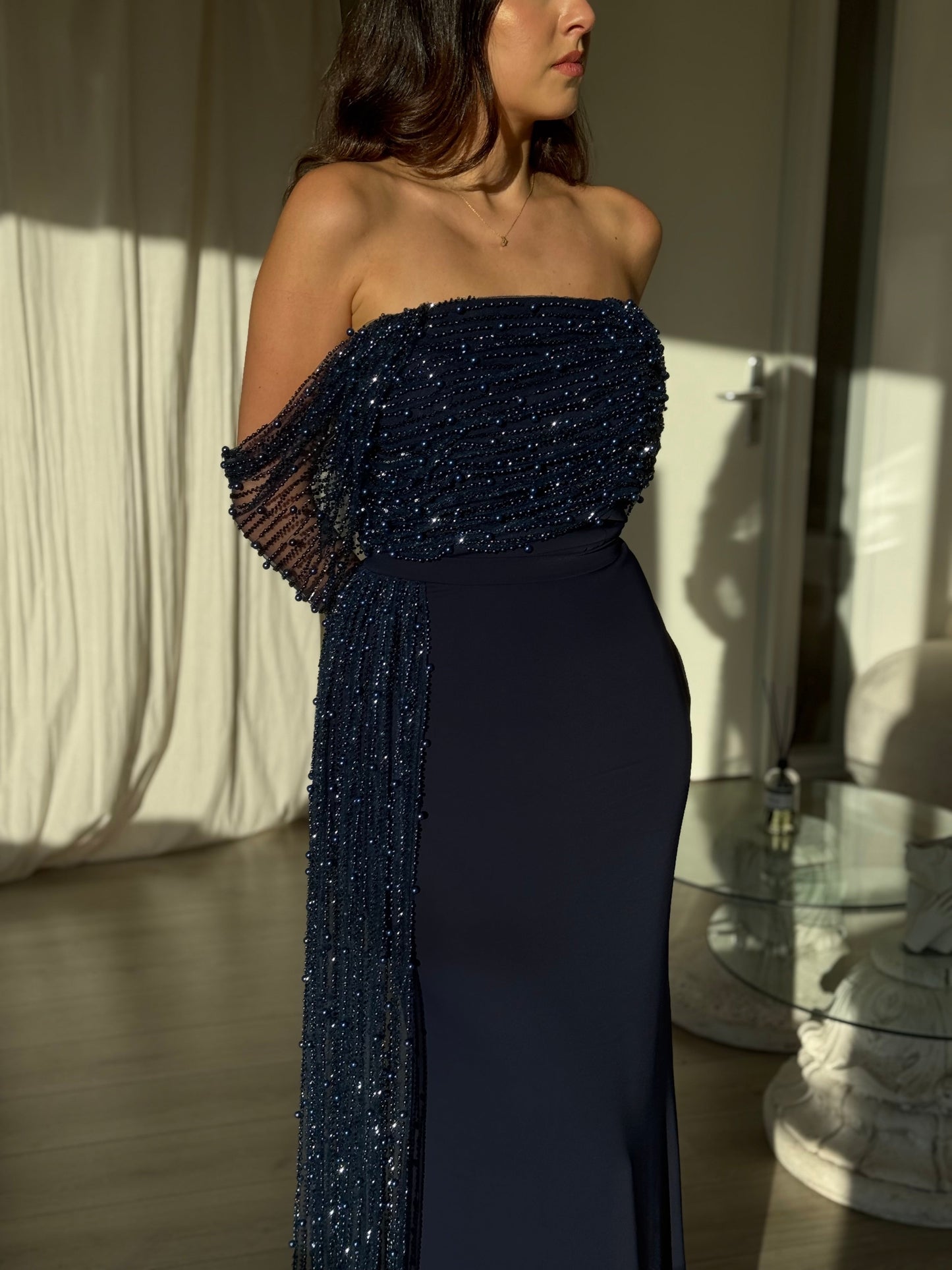 Navy Blue Off-the-Shoulder Sequin Evening Gown with Detachable Train