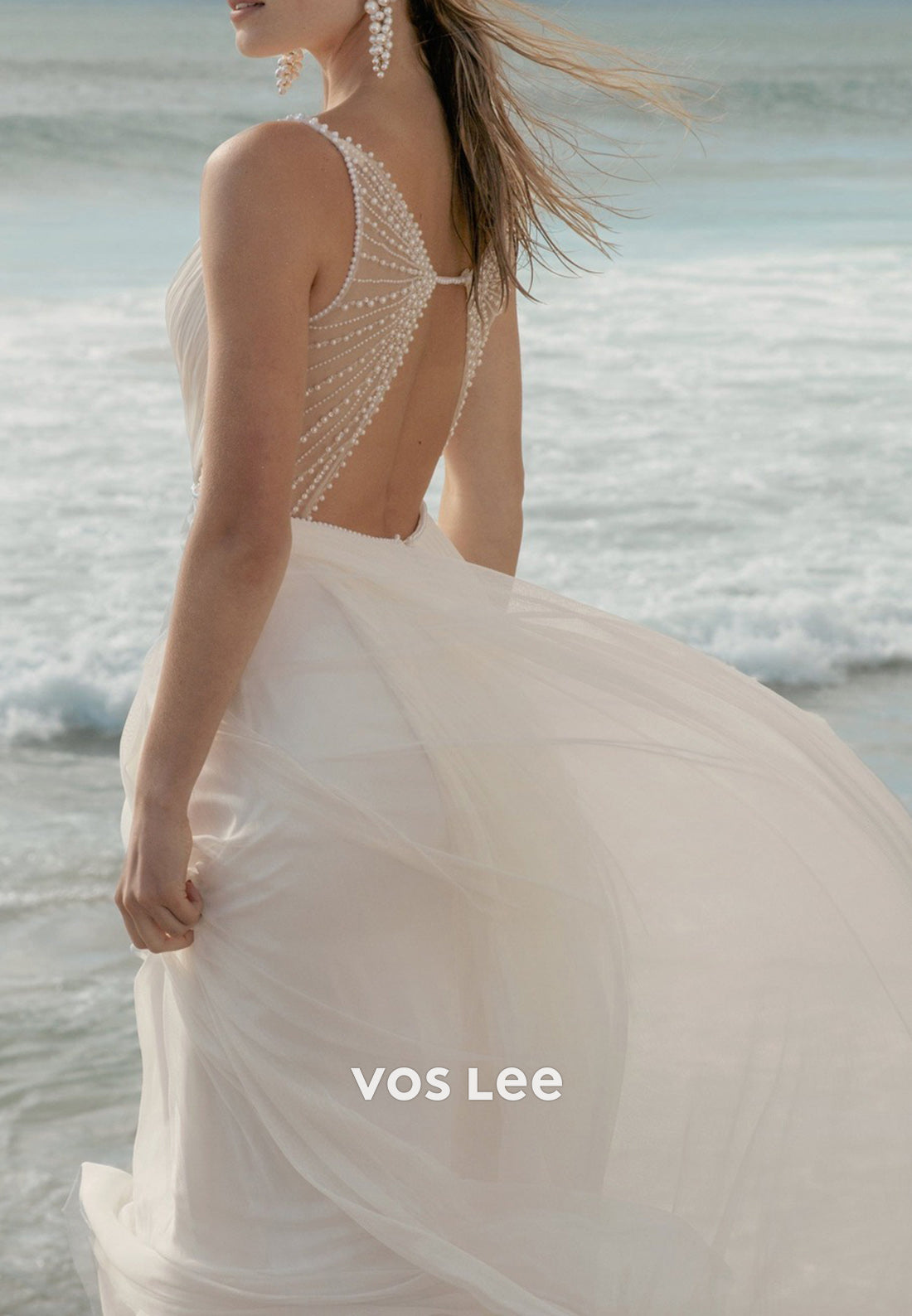 Simple & Casual A-Line Spaghetti Straps V Neck Pearls Pleated Beach Wedding Dresses