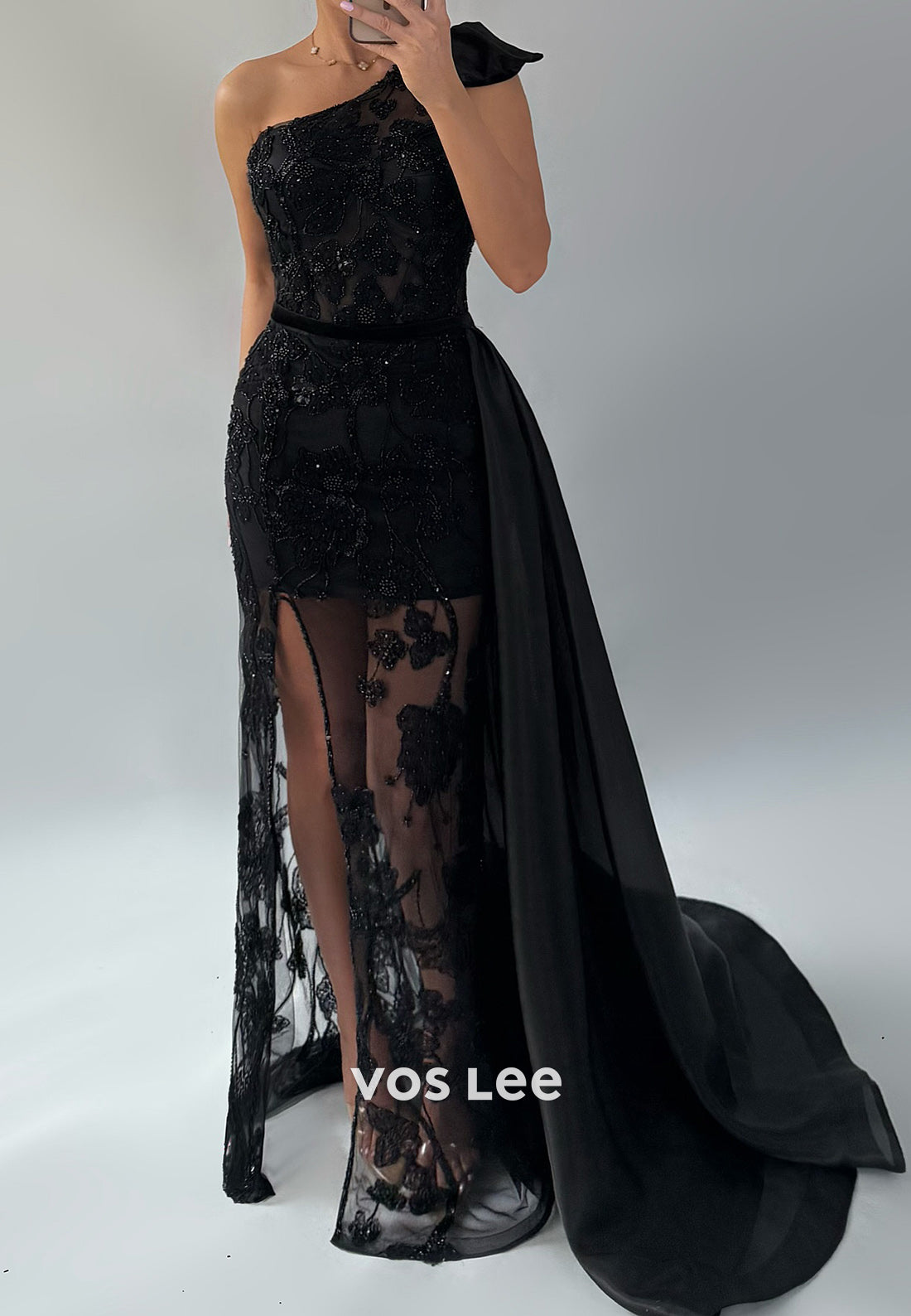 One Shoulder Beaded Embellished Sheath High Split Evening Dresses with Sweep Train