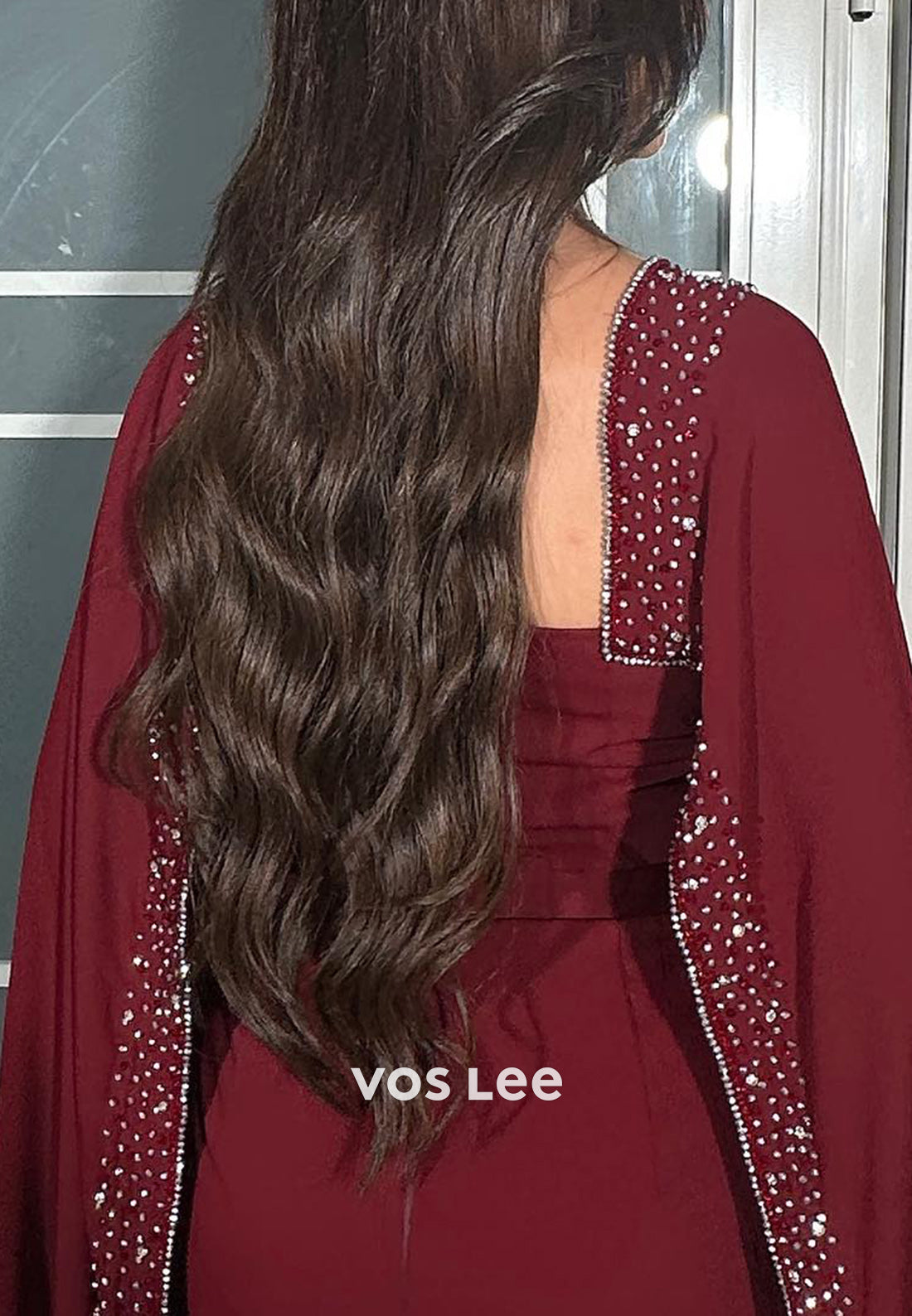 Burgundy Square Rhinestone Beading Pleated Jumpsuit