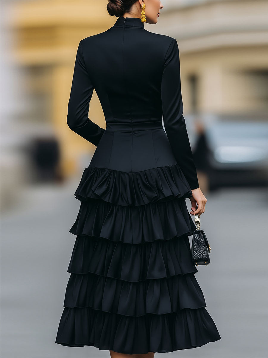 Elegant Mock Neck Tiered Ruffle Midi Dress