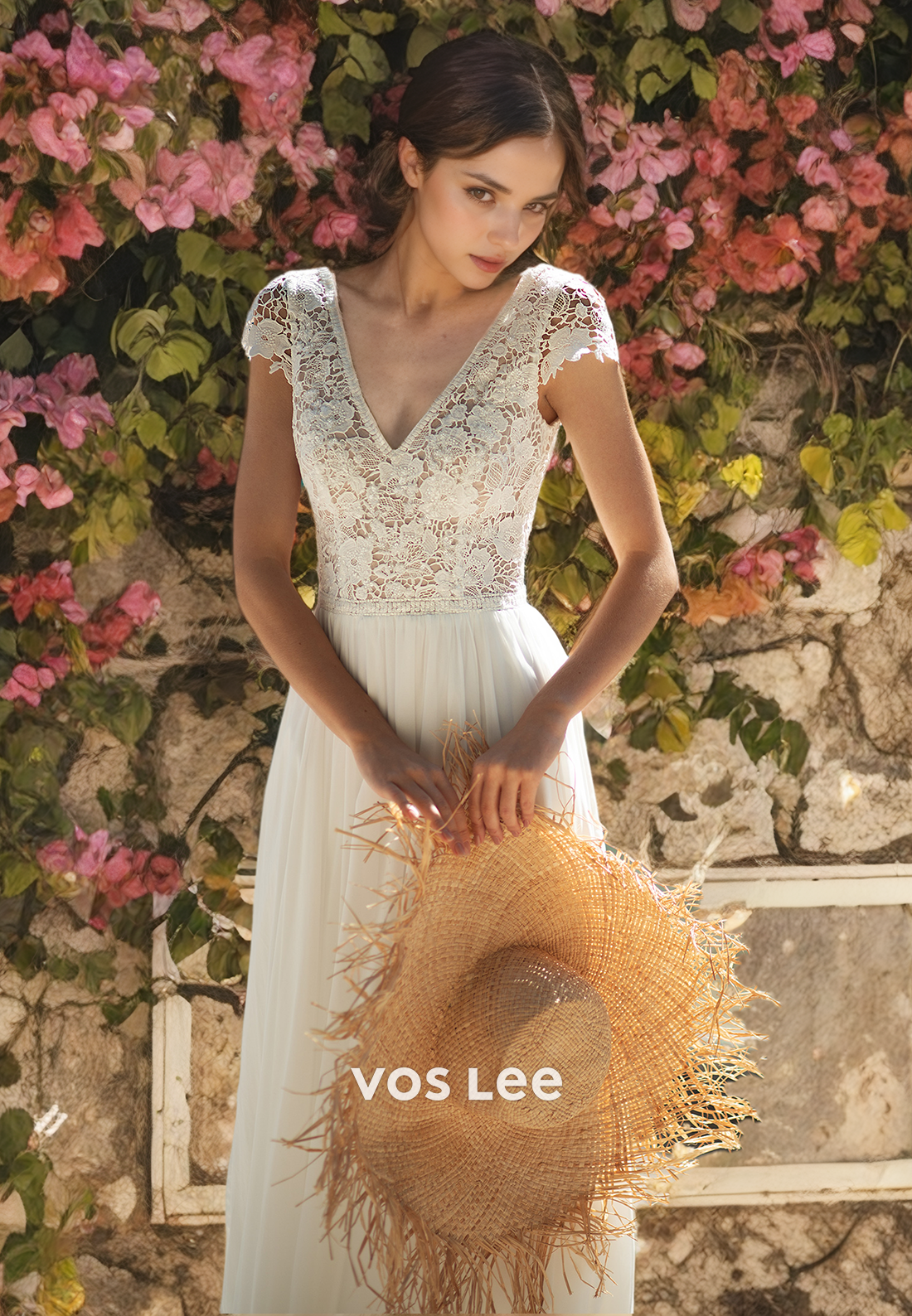A-Line V-Neck Short Sleeves Chiffon Wedding Dress with High Slit and Appliques