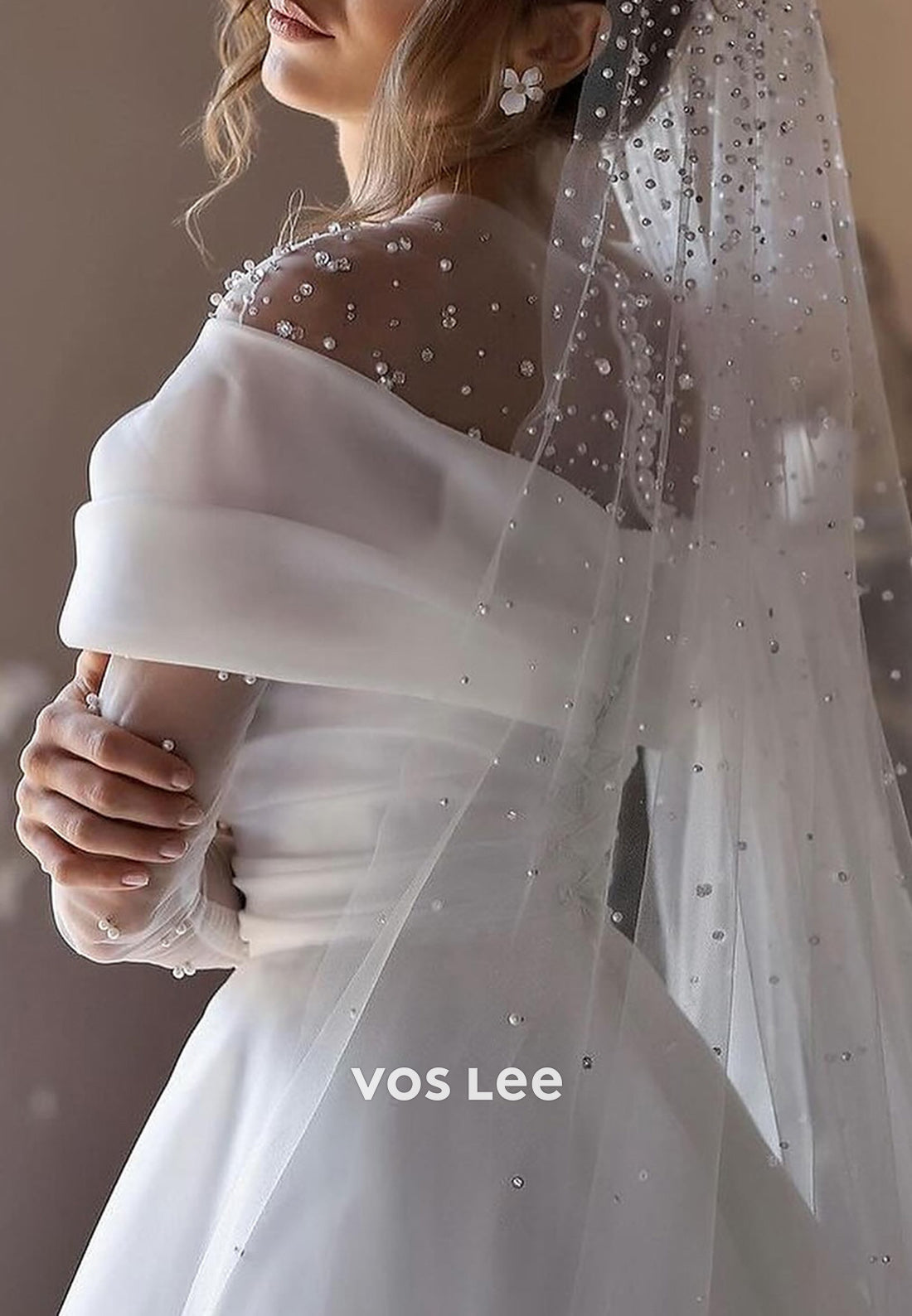 A-Line Long Sleeve Off the Shoulder Rhinestone Wedding Dresses with Court Train