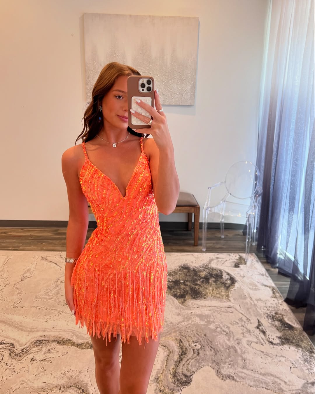 Sparkly Sheath Spaghetti Straps Orange Sequins Short Homecoming Dress with Tassel Sparkly Sheath Spaghetti Straps Orange Sequins Short Homecoming Dress with Tassel
