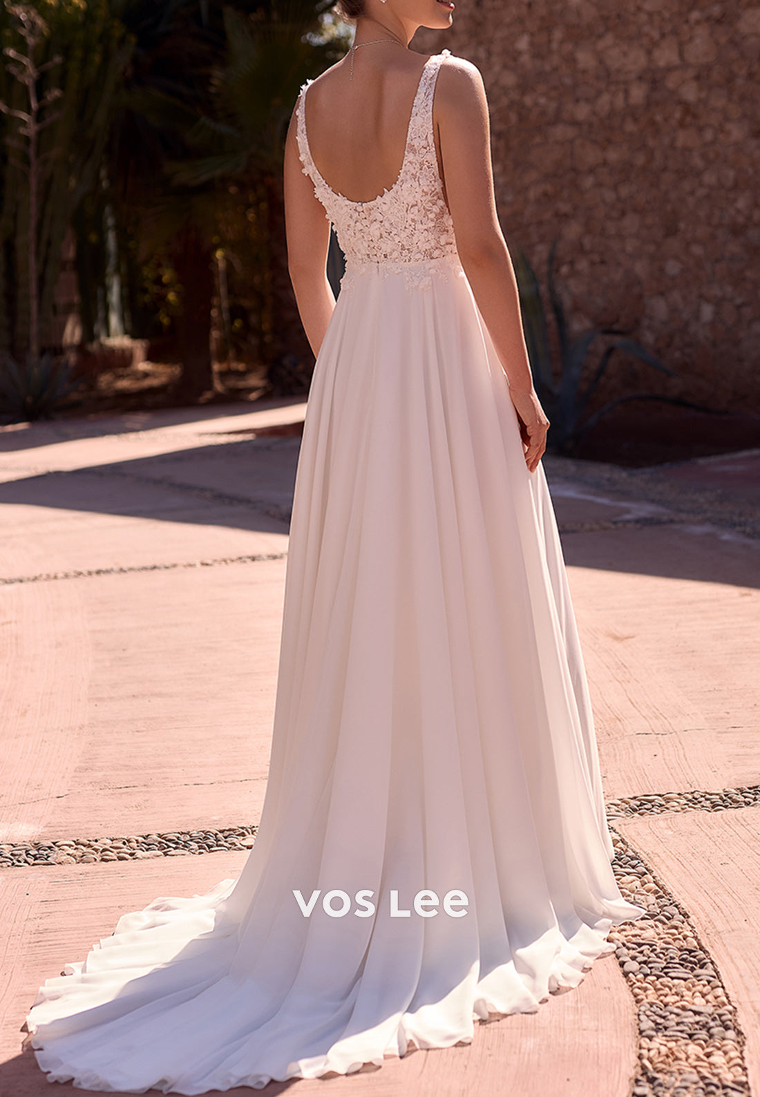 A-Line Spaghetti Straps Square Appliques Lace Pleated Wedding Dresses with High Split