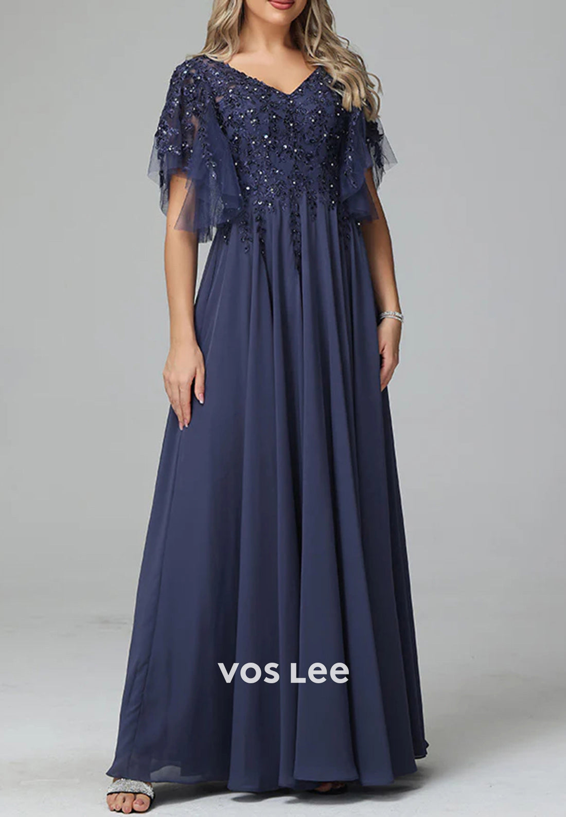 A-Line V Neck Beading Appliques Lace Floor-Length Pleated Mother of Bride Dresses