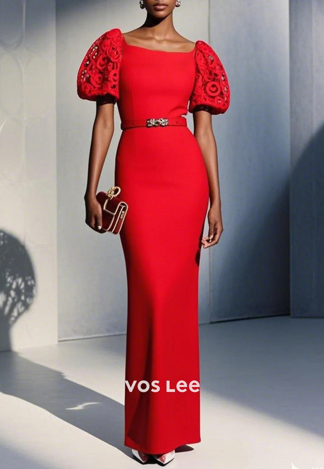 Cutout Short Sleeve Scoop Ankle-Length Rhinestone Sheath Wedding Guest Dresses