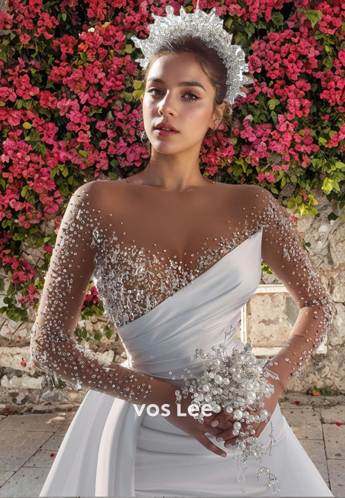 Dreamy Beads Full Sleeves Bride Dress Satin Floor Length Long Train Wedding Dresses