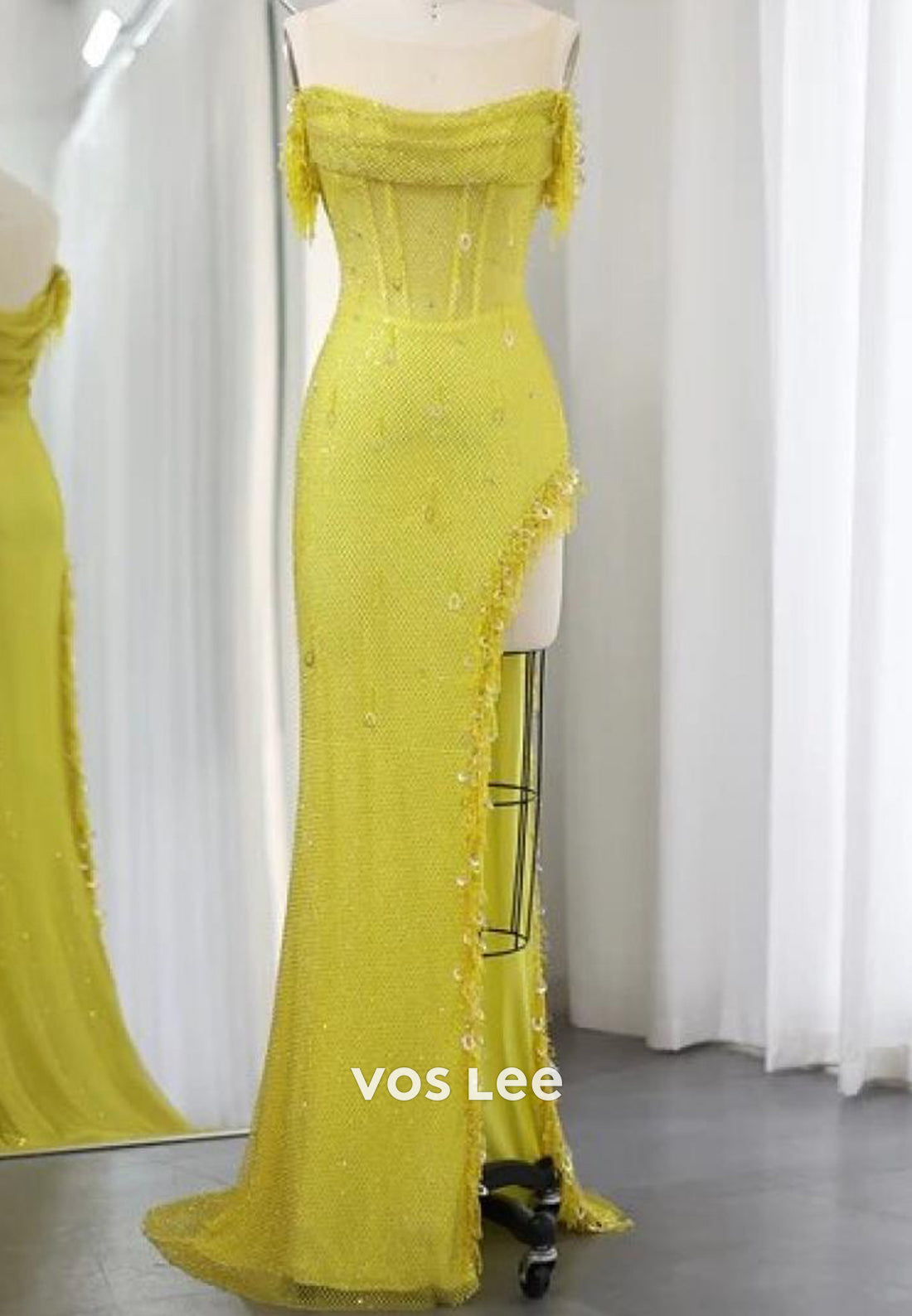 Off the Shoulder Sequins High Split Floor-Length Mermaid Prom Dresses