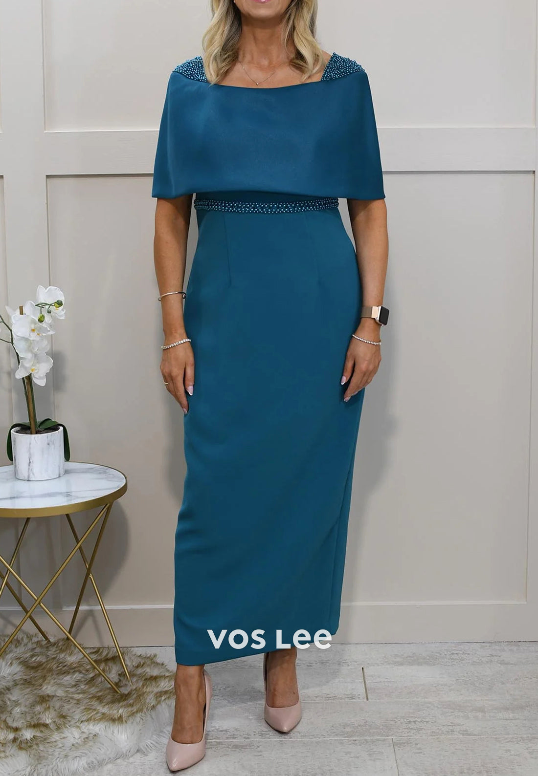 Classic Off the Shoulder Rhinestone Bowknot Sheath Tea-Length Mother of Bride Dresses