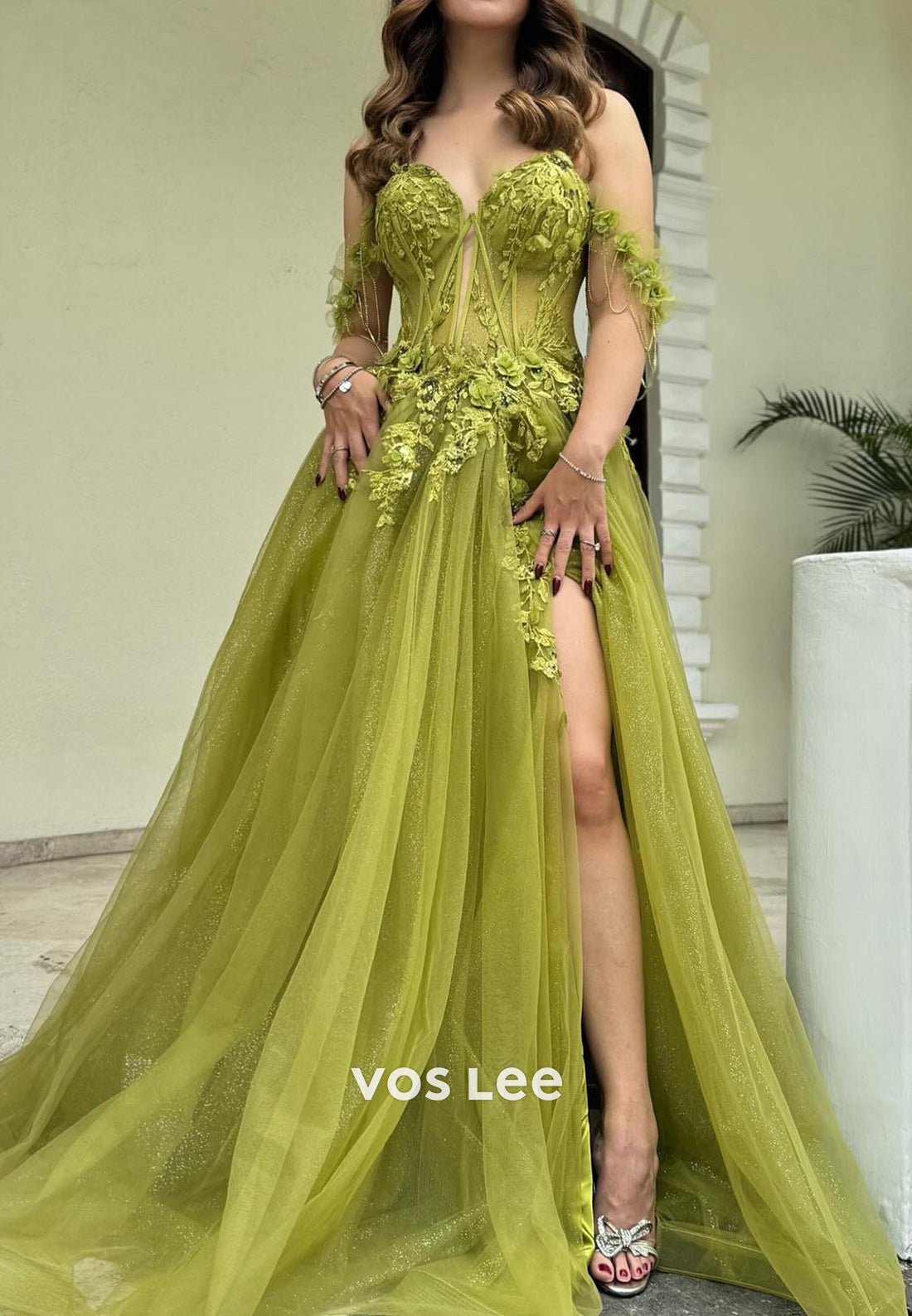 A-Line Sweetheart Off-Shoulder Lace Applique Evening Dresseswith High Slit