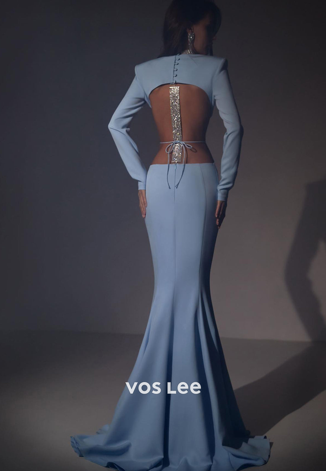 Long Sleeve Scoop Rhinestone Pleated Mermaid Evening Dresses with Sweep Train