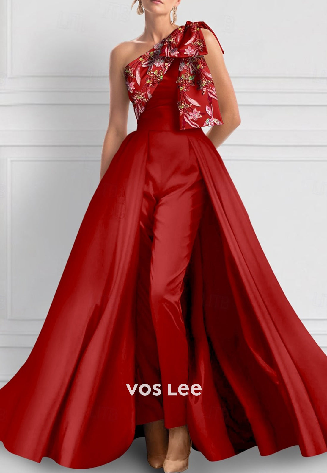 One Shoulder Bowknot Sequins Floral Appliqued Jumpsuit Mother of Bride Dresses