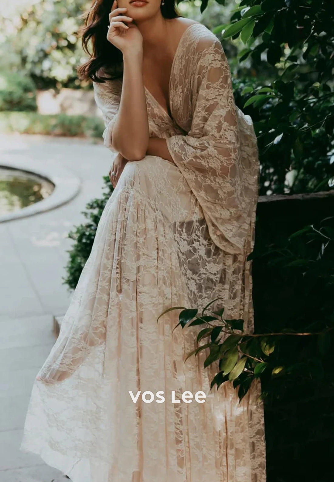 A-Line Plunging V Neck Appliques Lace Long Sleeve Wedding Dresses with Sweep Train