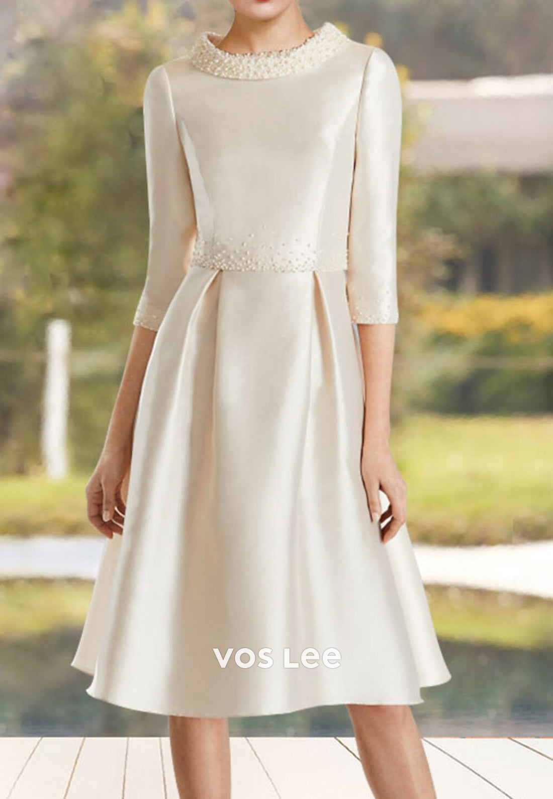 A-Line 3/4 Sleeve Scoop Pearl Embellished Tea-Length Mother of Bride Dresses
