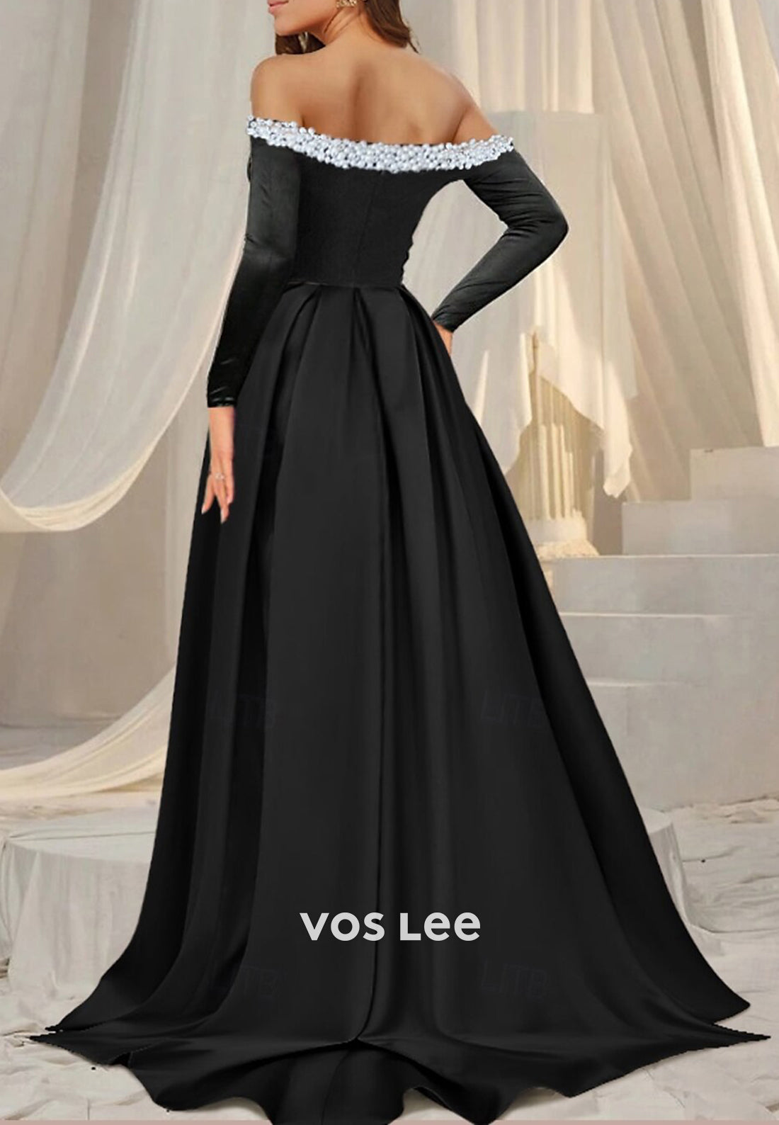 A-Line Long Sleeve Off the Shoulder Pearl Embellished Evening Dresses with Court Train