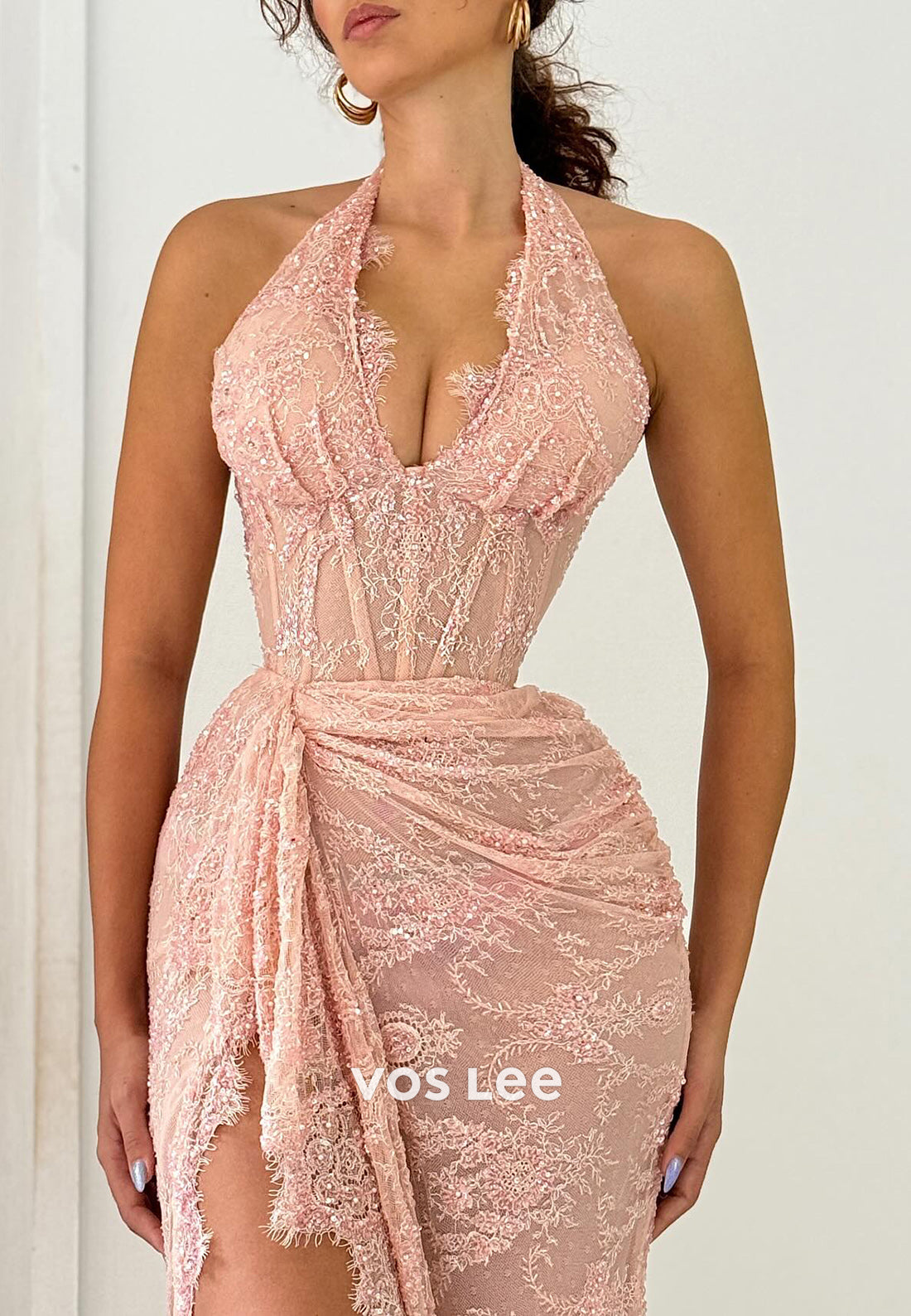 Gorgeous & Sexy Halter Appliques Lace Pleated Mermaid Evening Dresses with High Split