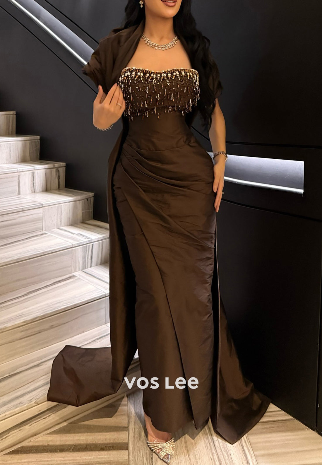Short Sleeve Sweetheart Rhinestone Embellished Pleated Mermaid Evening Dresses