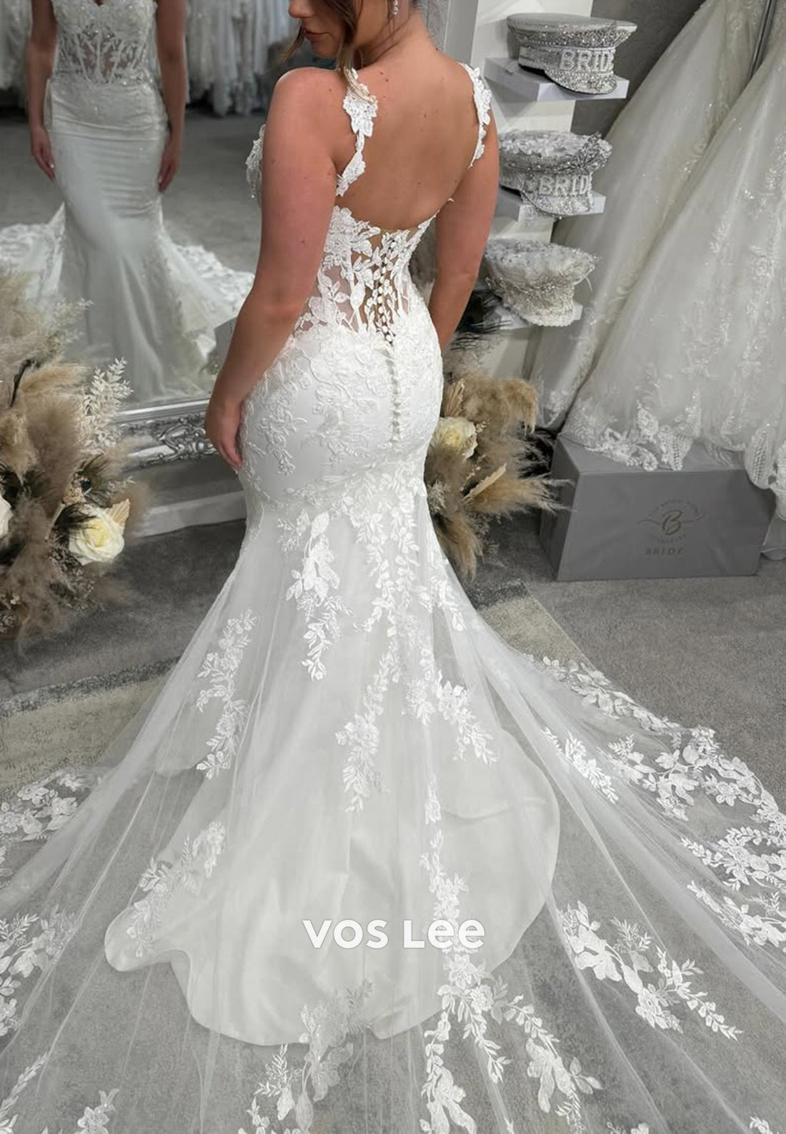 Flowers Spaghetti Straps Sweetheart Appliques Lace Mermaid Wedding Dresses