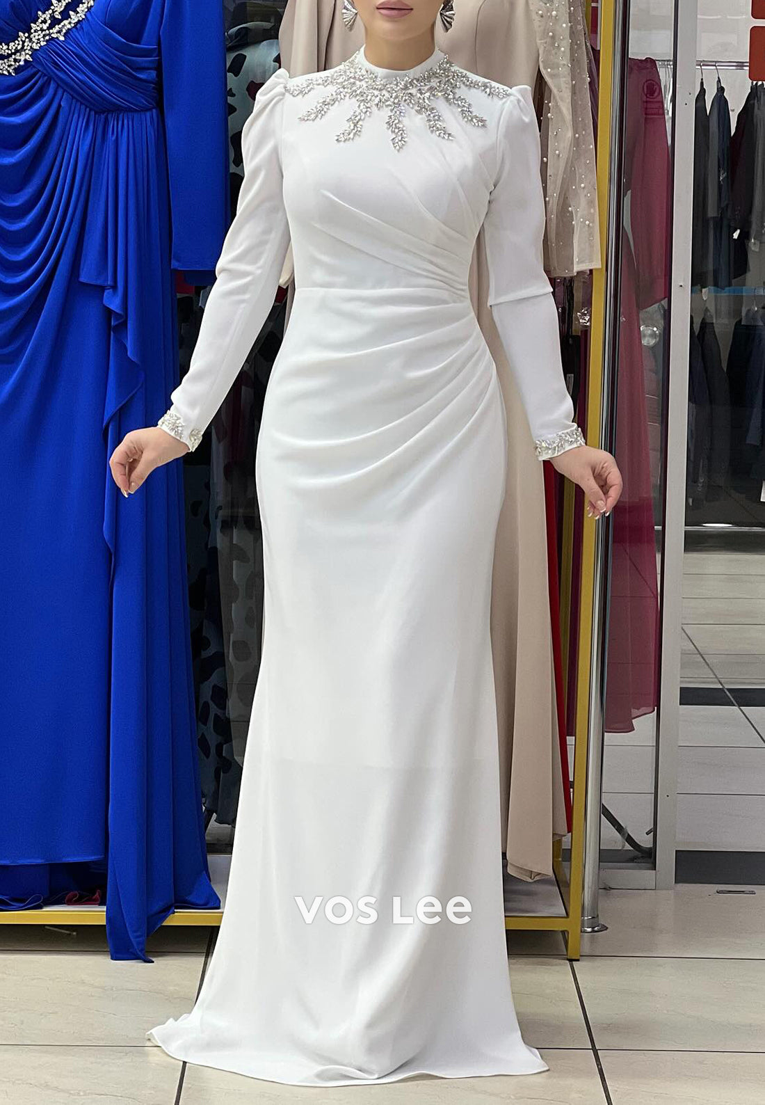Long Sleeves High Neck Rhinestone Embellished Floor-Length Sheath Evening Dresses