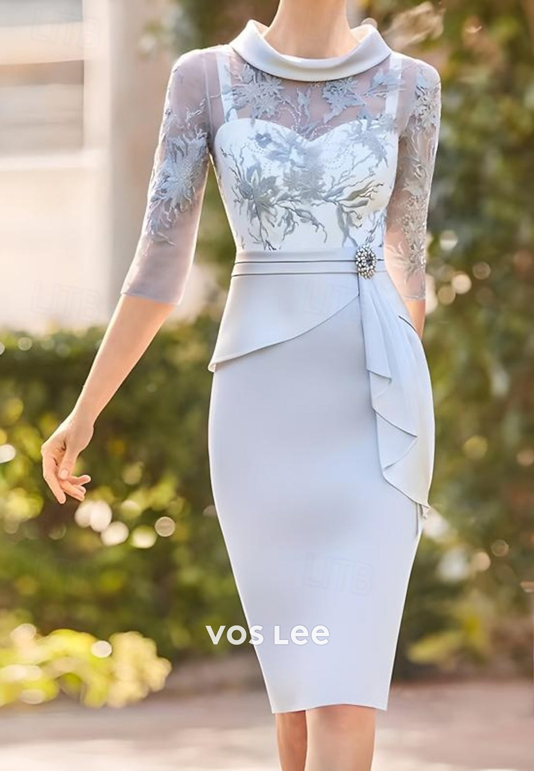 Sky Blue Bell Sleeves Appliques Knee-Length Mermaid Mother of Bride Dresses