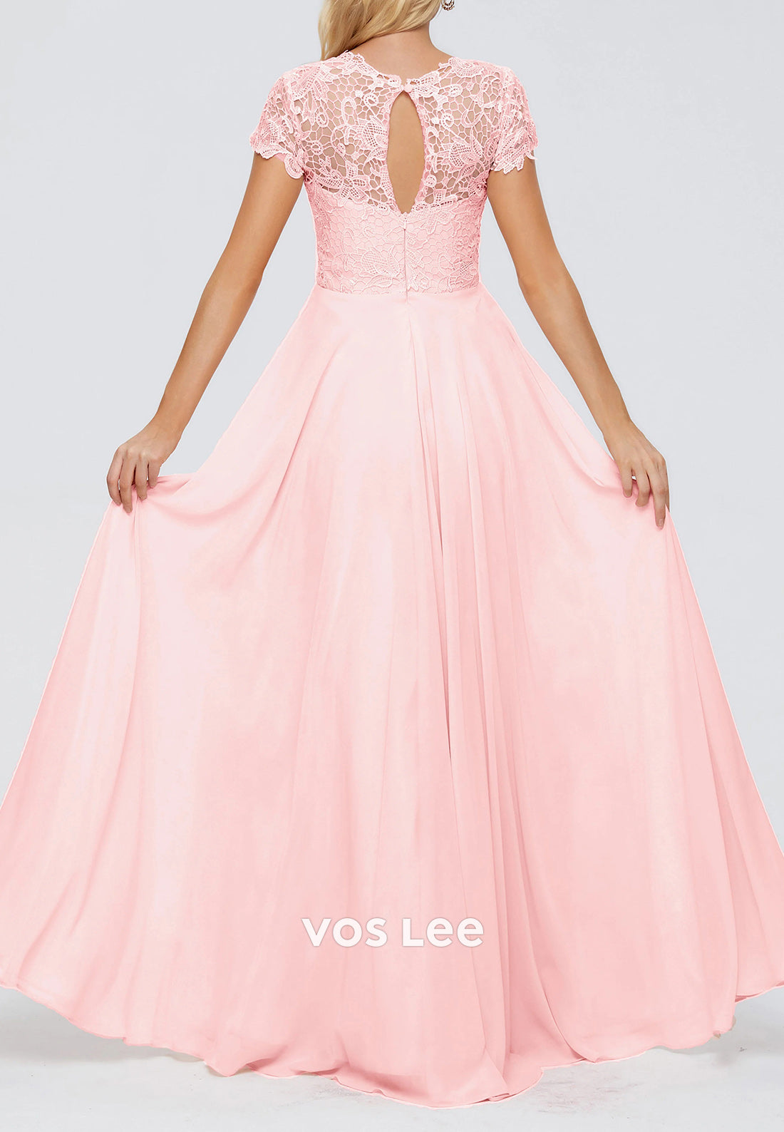 A-Line Short Sleeve Illusion Neck Appliqued Floor-Length Pleated Mother of Bride Dresses