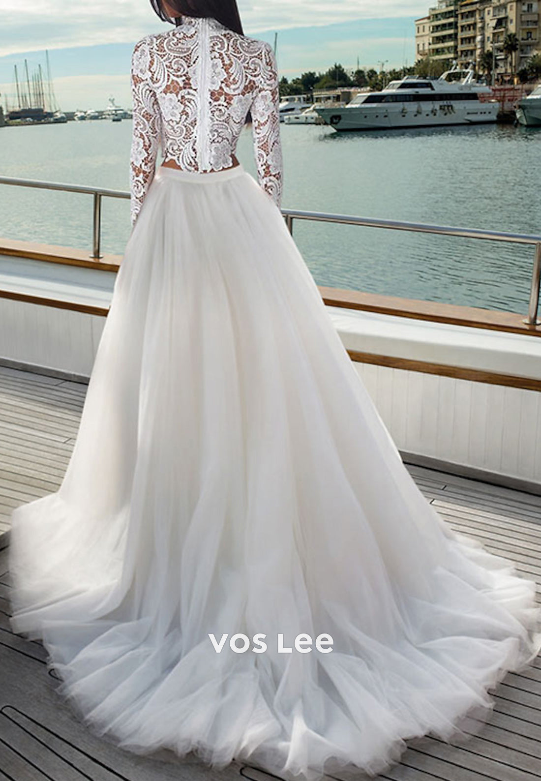 A-Line Long Sleeve High Neck Appliques Lace Beach Wedding Dresses with High Split