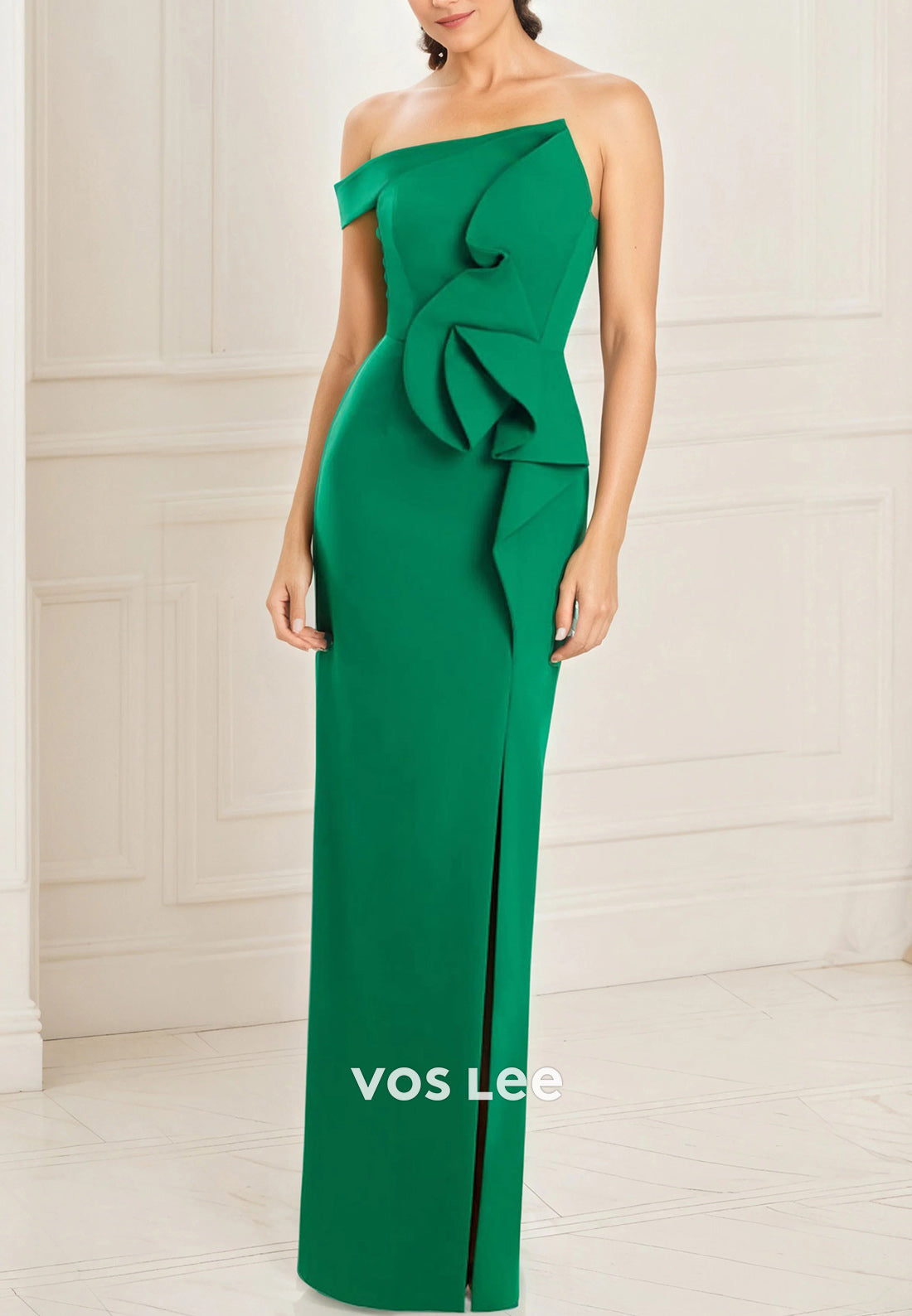 One Shoulder Floor-Length Pleated Sheath Formal Mother of Bride Dresses with High Split