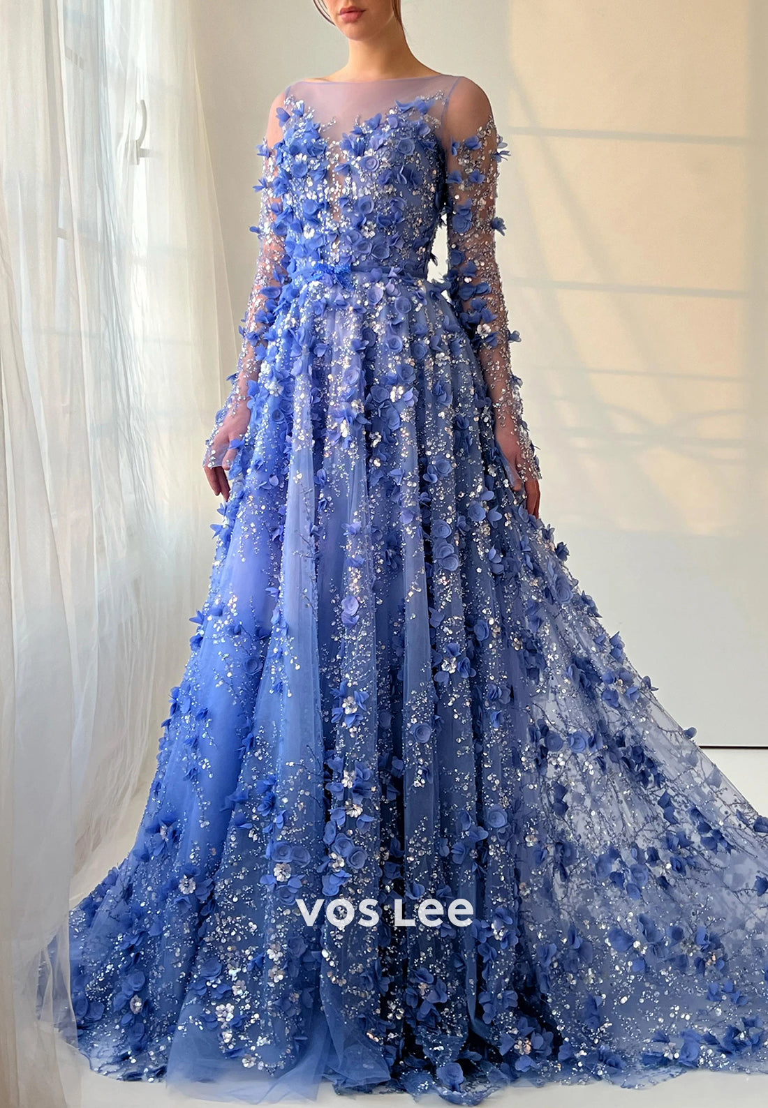 A-Line Long Sleeve Illusion Neck Appliques Lace Prom Dresses with Court Train