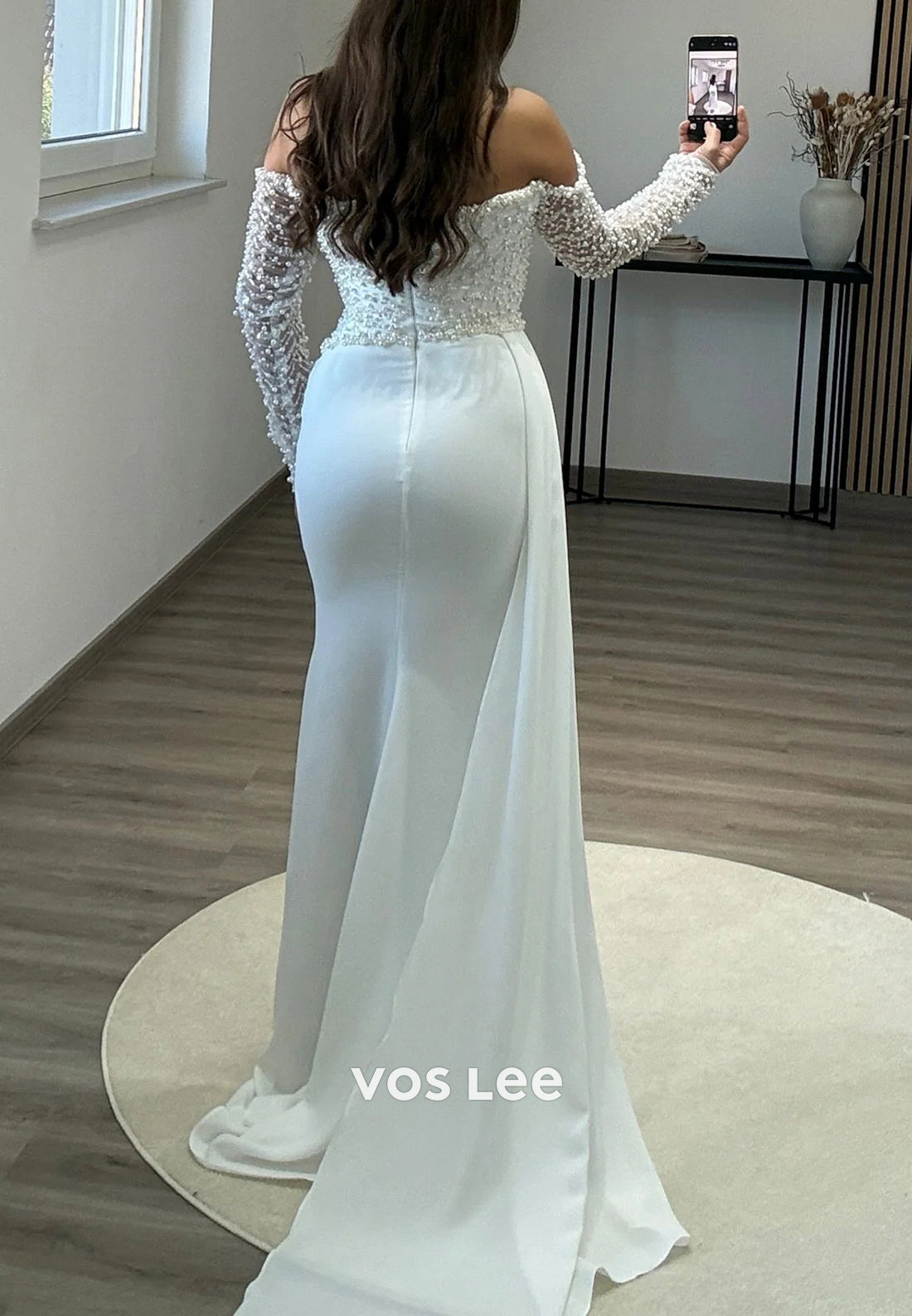 Glamorous Long Sleeve Halter Pearls Ruched Mermaid Evening Dresses with Sweep Train