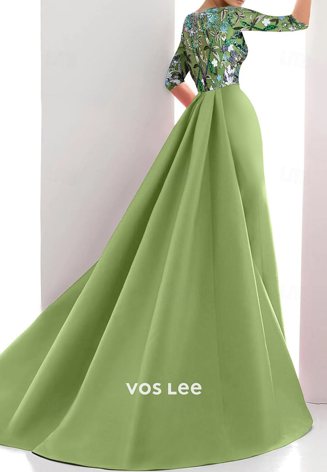 Half Sleeve Scoop Appliqued Pleated Mermaid Mother of Bride Dresses with Sweep Train