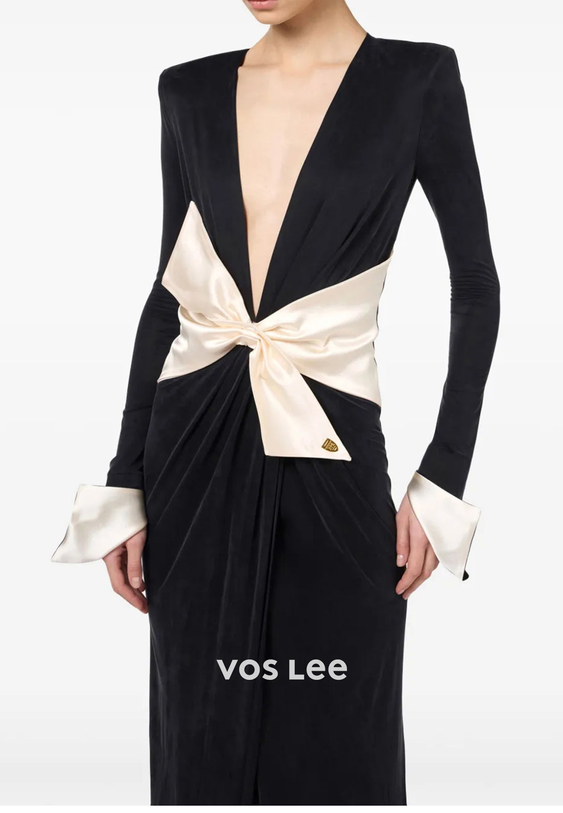 Long Sleeve Deep V Neck Bowknot Ankle-Length Sheath Evening Dresses
