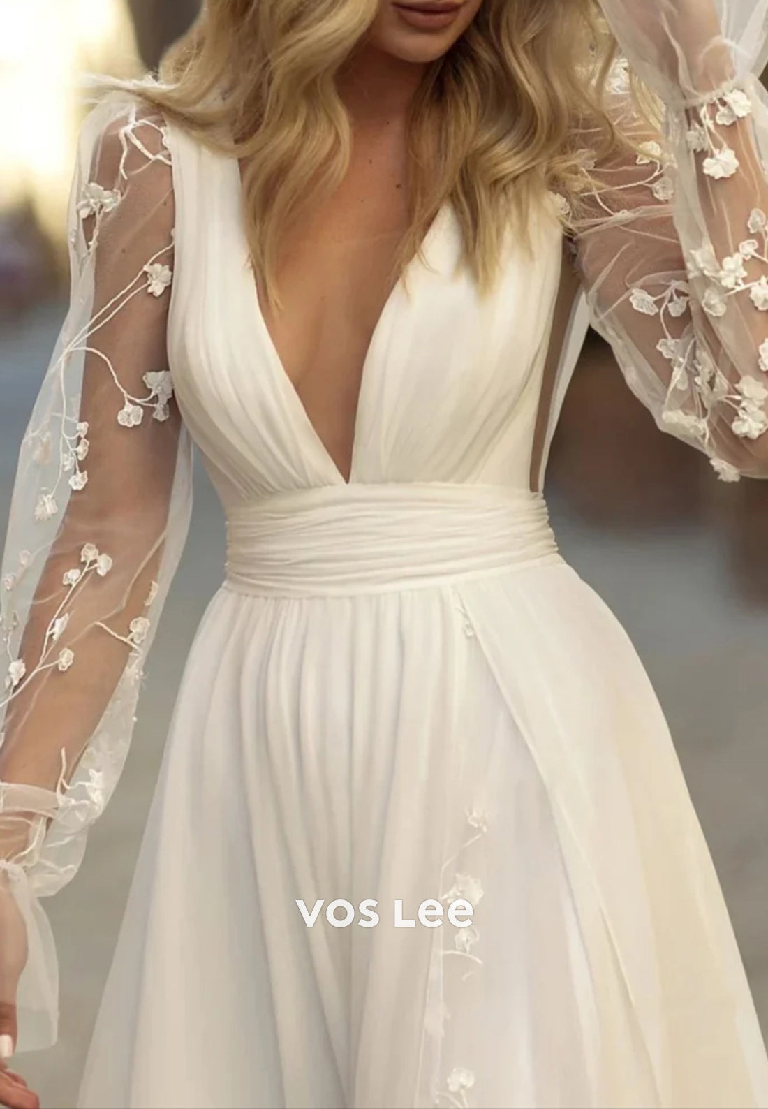 A-Line Long Sleeve Plunging V-Neck Illusion Split Beach Wedding Dresses with Sweep Train