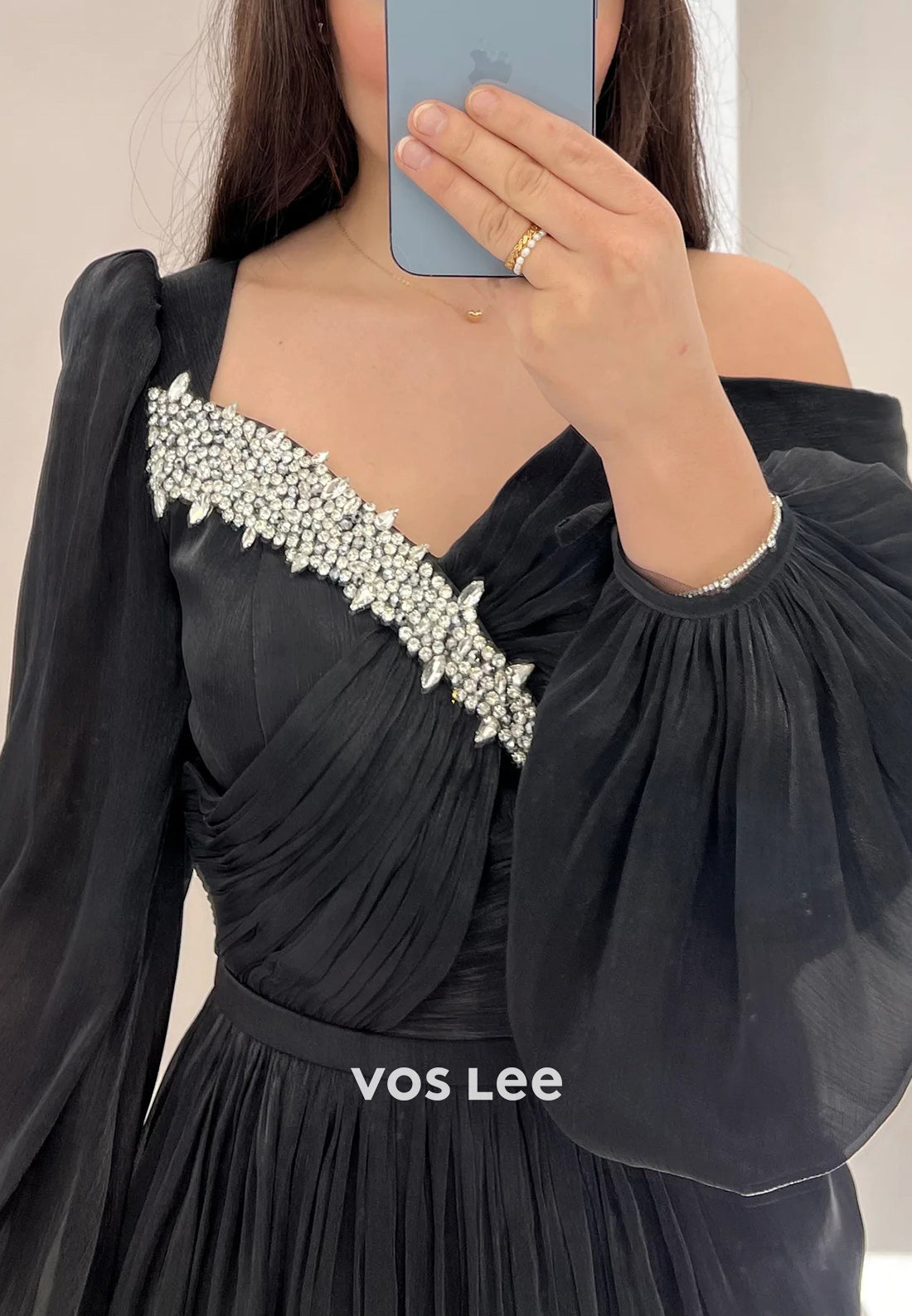A-Line Long Sleeve Asymmetrical Neck Rhinestone Ruched Evening Dresses with Sweep Train