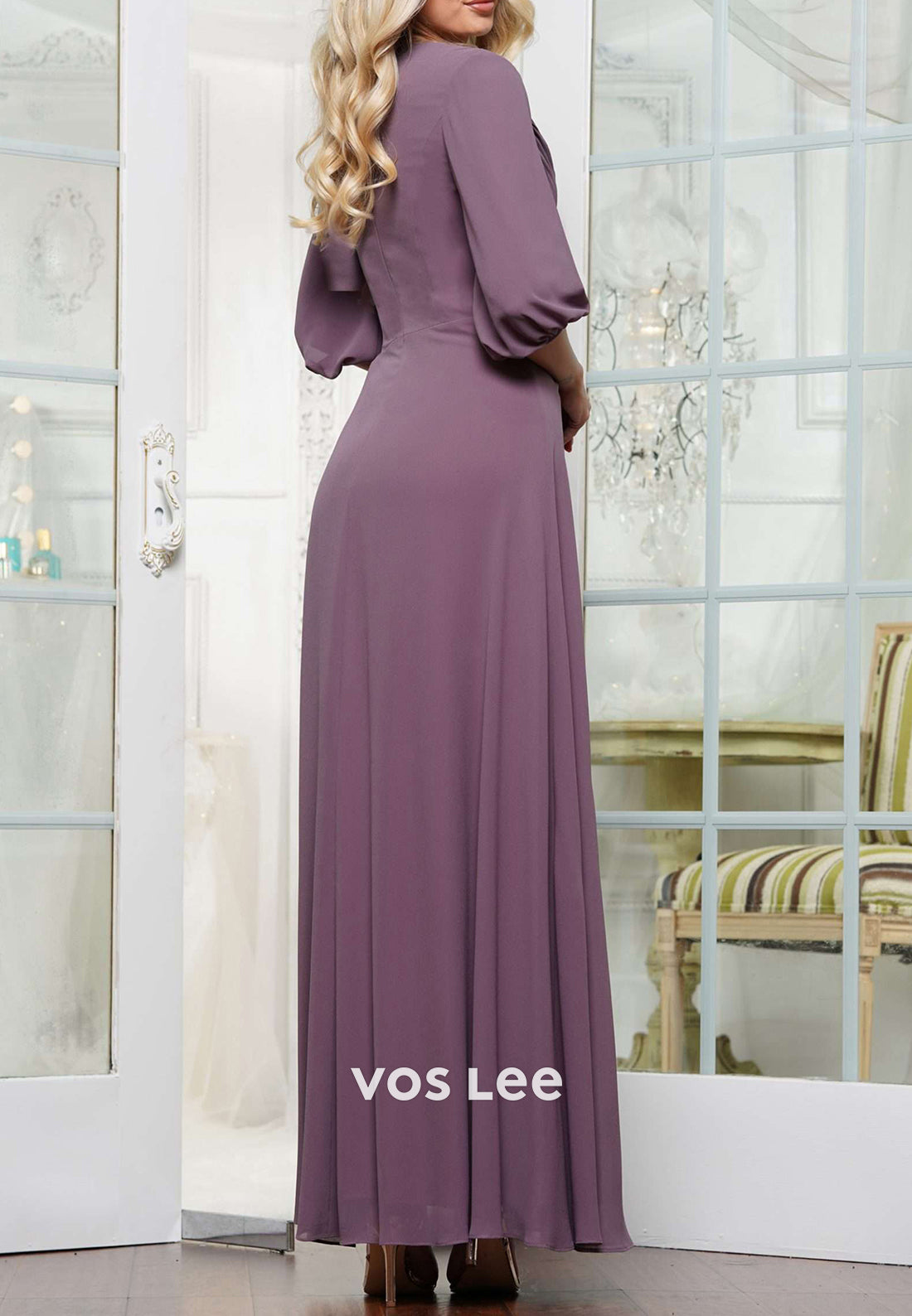 Half Sleeve V Neck Beaded Embellished Ankle-Length Pleated Mother of Bride Dresses