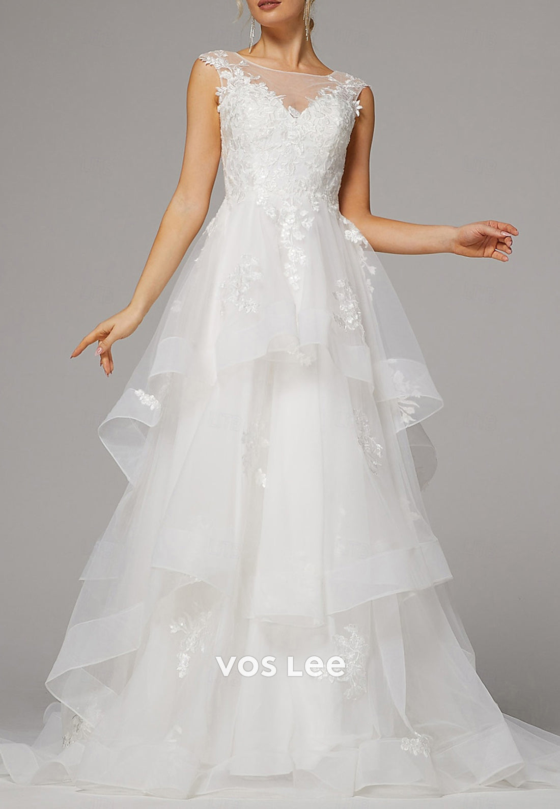 A-Line Illusion Neck Appliques Lace Beach Pleated Wedding Dresses with Sweep Train
