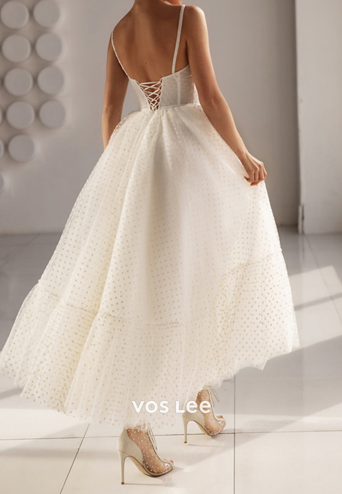 A-Line Spaghetti Straps Sweetheart Tulle Ankle-Length Pleated Wedding Dresses